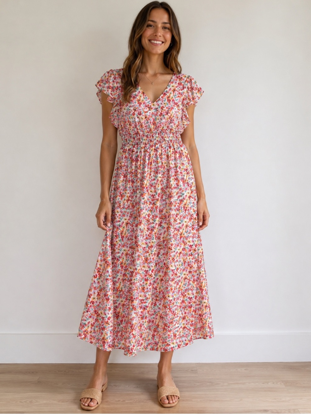 Everlily Floral V-Neck Maxi Dress with Ruffle Sleeves -Size: medium